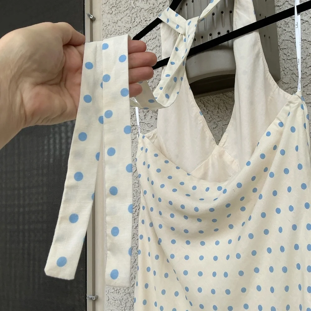 NWOT Lulu’s Meara Ivory and Blue Polka Dot Halter Midi Dress Large 2653211 Party